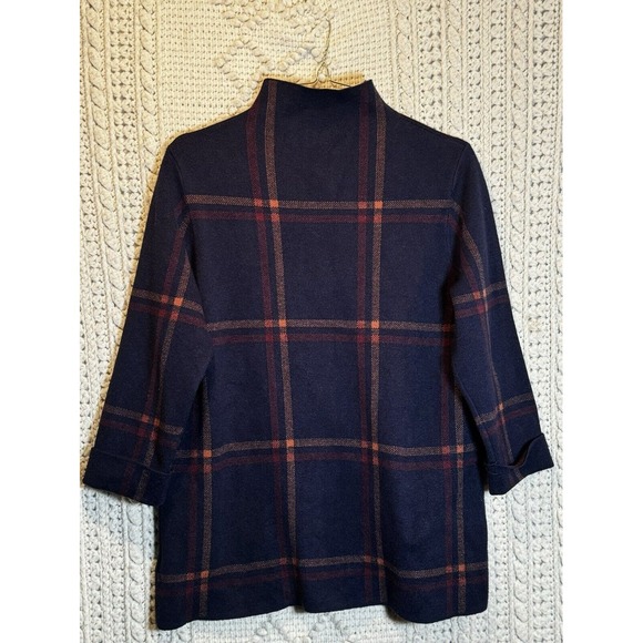 Max Studio Women's Top Sweater Short Sleeve Plaid Navy Multicolor Mock Neck Sz M - Picture 2 of 3